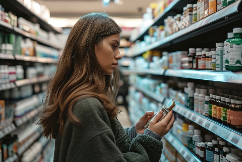 Woman browsing supplements pharmacy bottle store.
