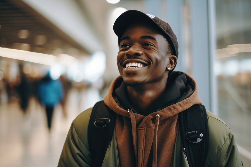 African-american man smiling at airport adult smile men.