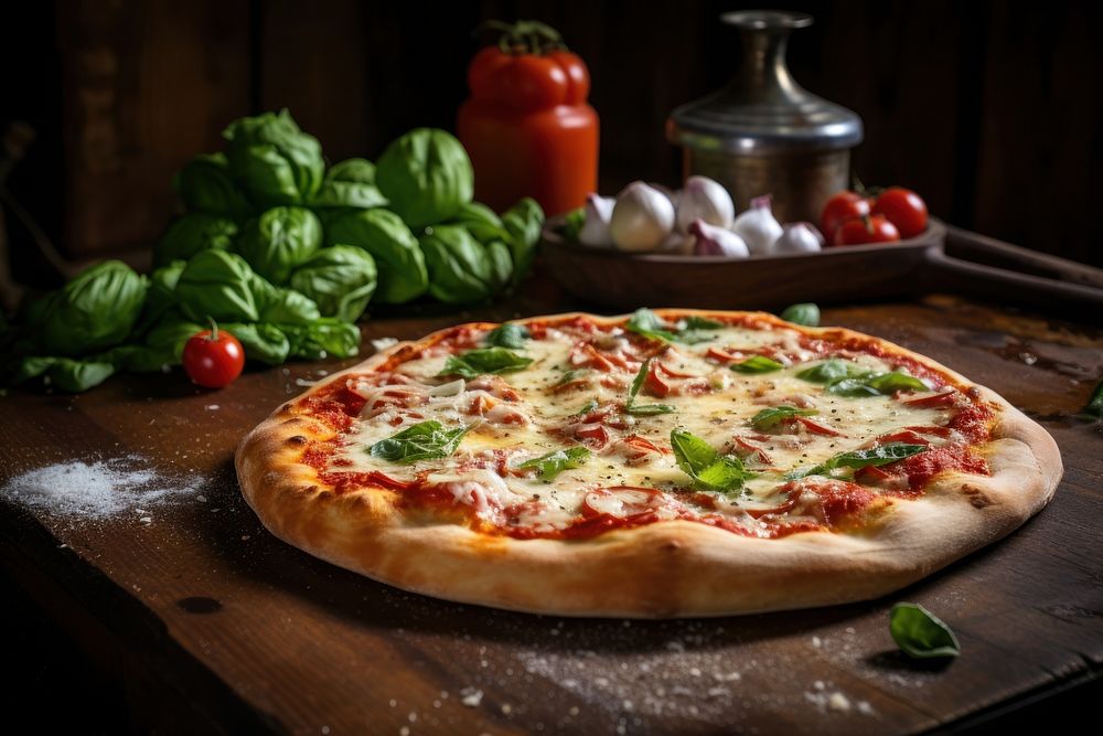 Freshly baked pizza rustic table food.