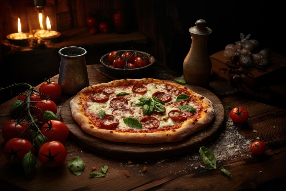 Freshly baked pizza table rustic food.