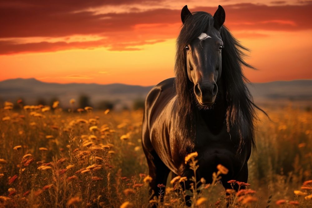 Black stallion outdoors portrait animal.
