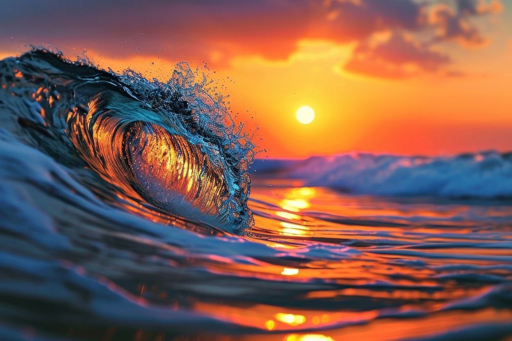 Colorful wave peaking ocean outdoors sunset.