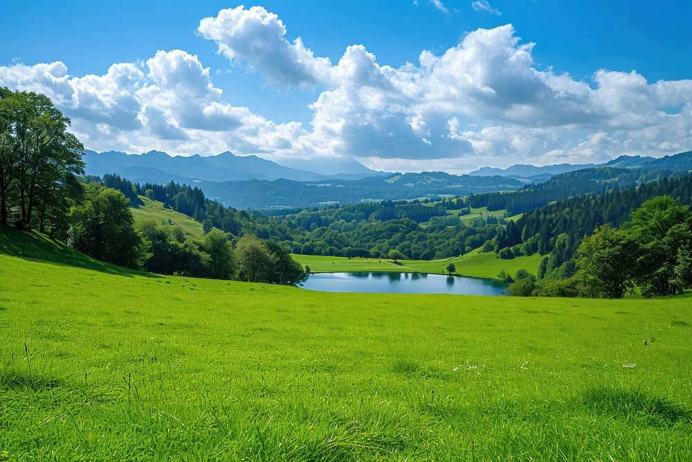 Green pasture with lake landscape outdoors nature.