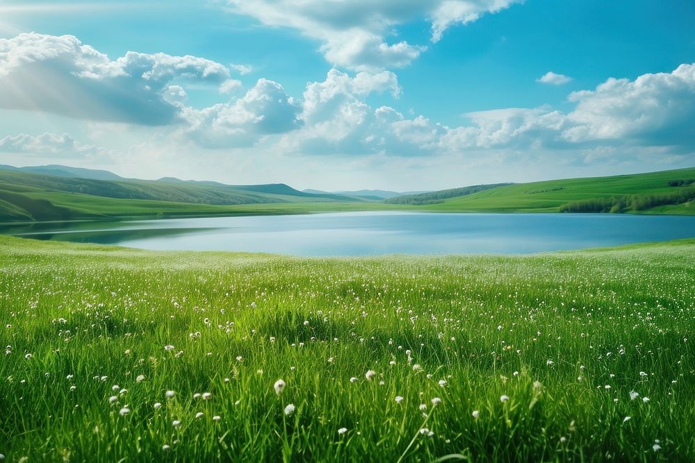 Green pasture with lake backgrounds landscape grassland.