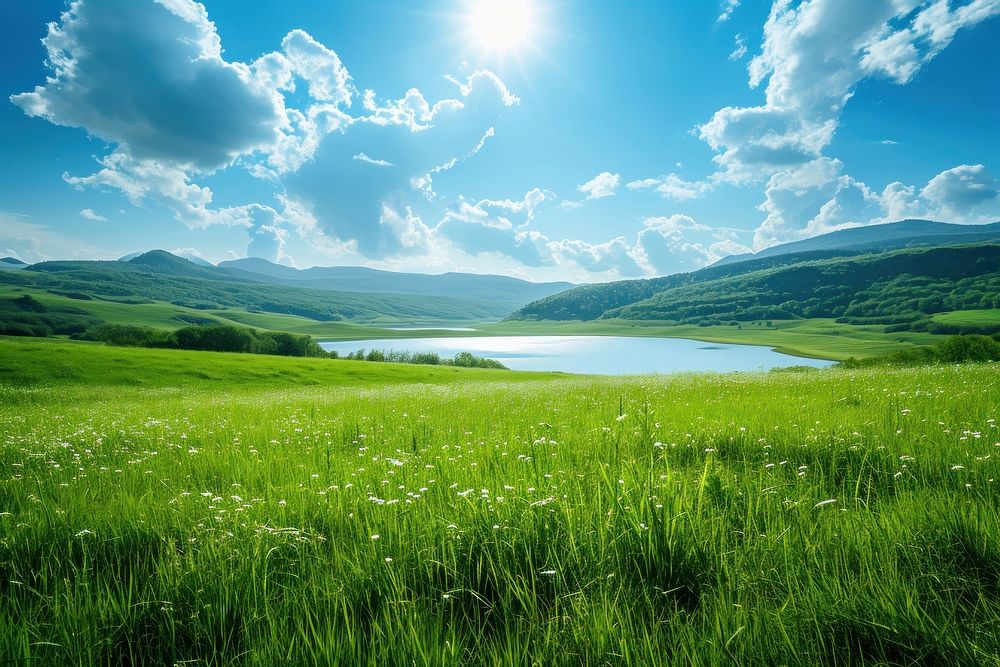Green pasture with lake landscape grassland outdoors.