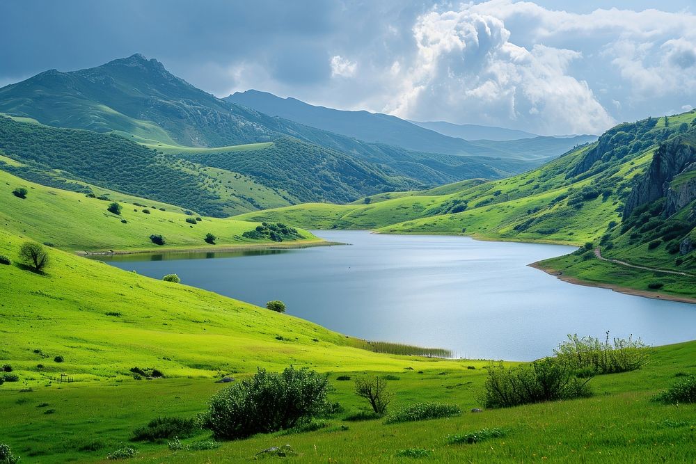 Green pasture with lake landscape panoramic outdoors.