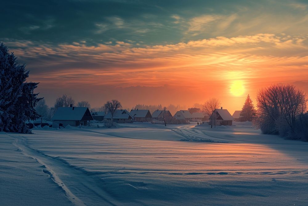 Idyllic winter landscape outdoors sunset nature.