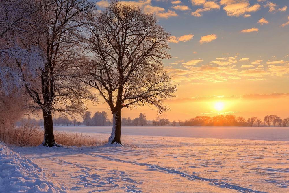 Idyllic winter landscape outdoors nature sunset.