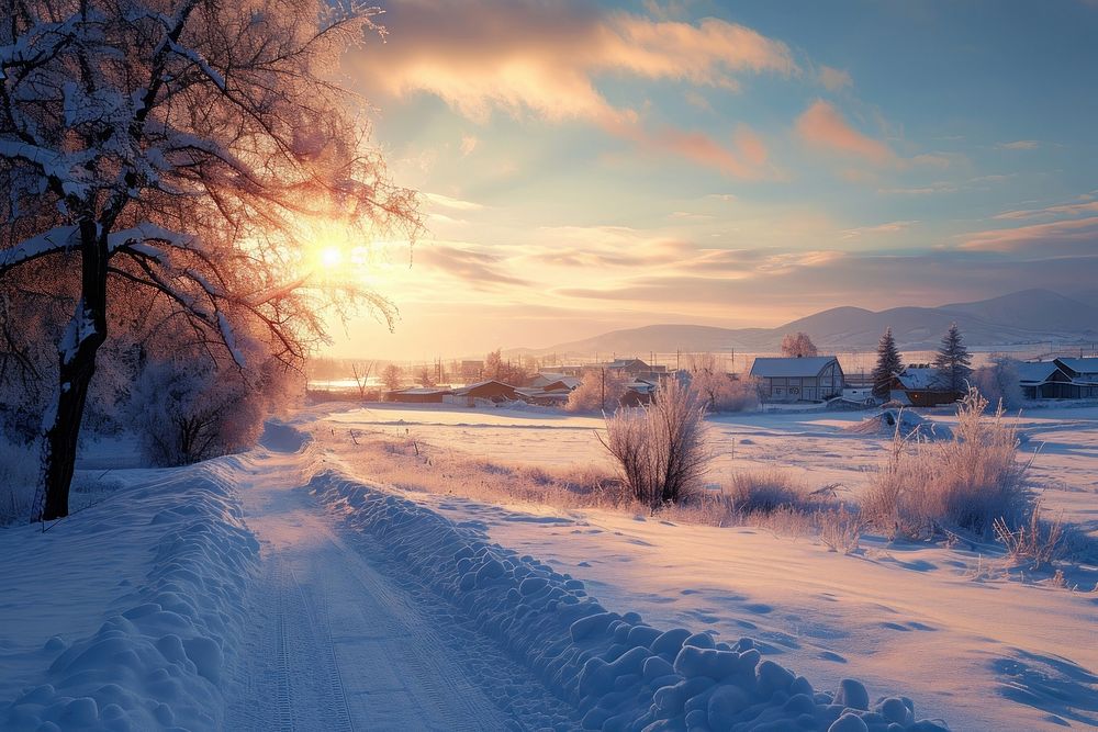 Idyllic winter landscape outdoors sunset nature.