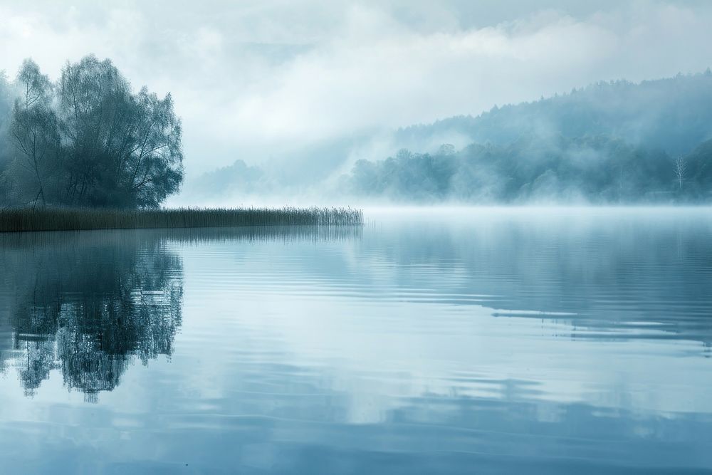 Morning fog over beautiful lake landscape panoramic outdoors.