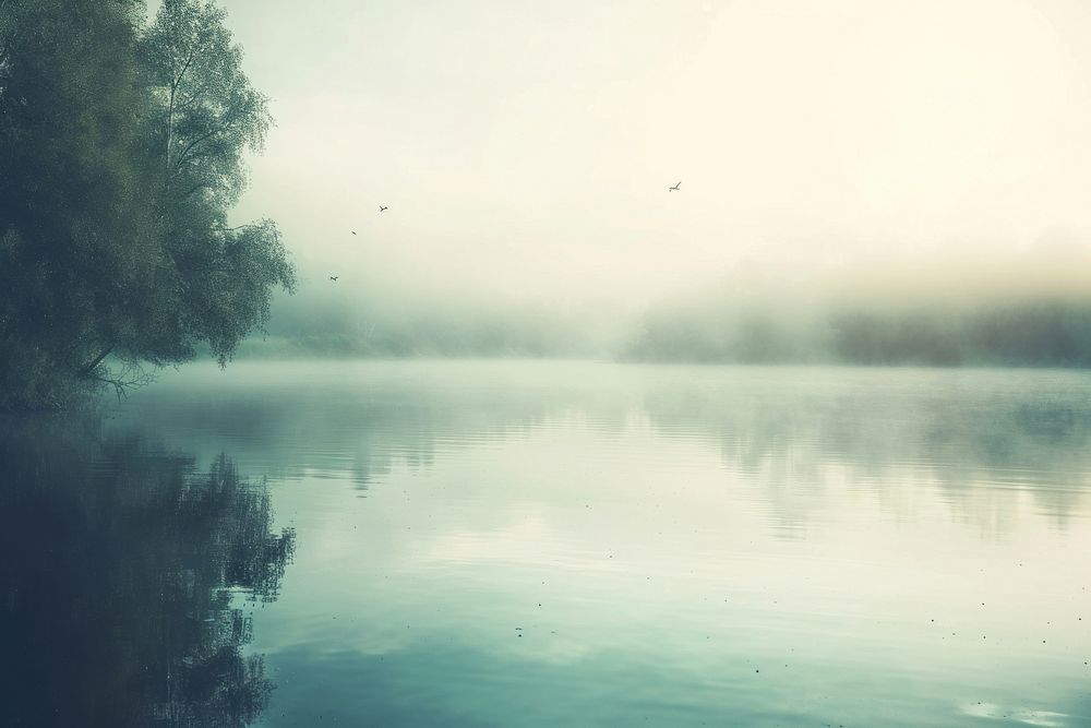 Morning fog over beautiful lake backgrounds landscape outdoors.