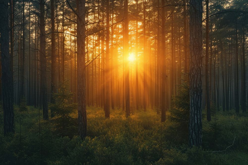 Morning sunrise through pinewood trees backgrounds landscape sunlight.
