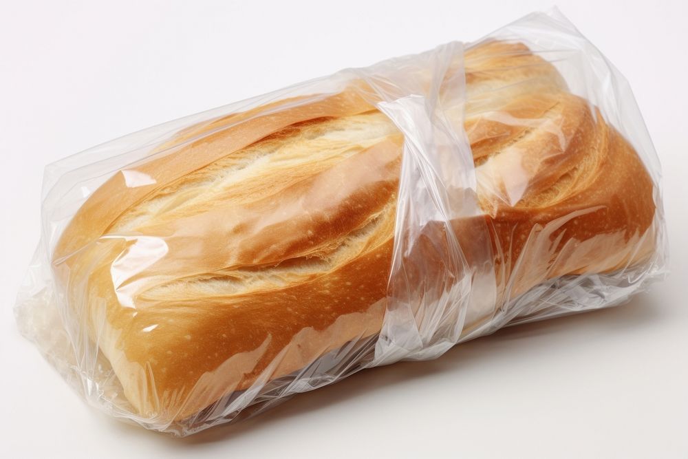 Plastic wrapping over a spoiled bread food white background viennoiserie.