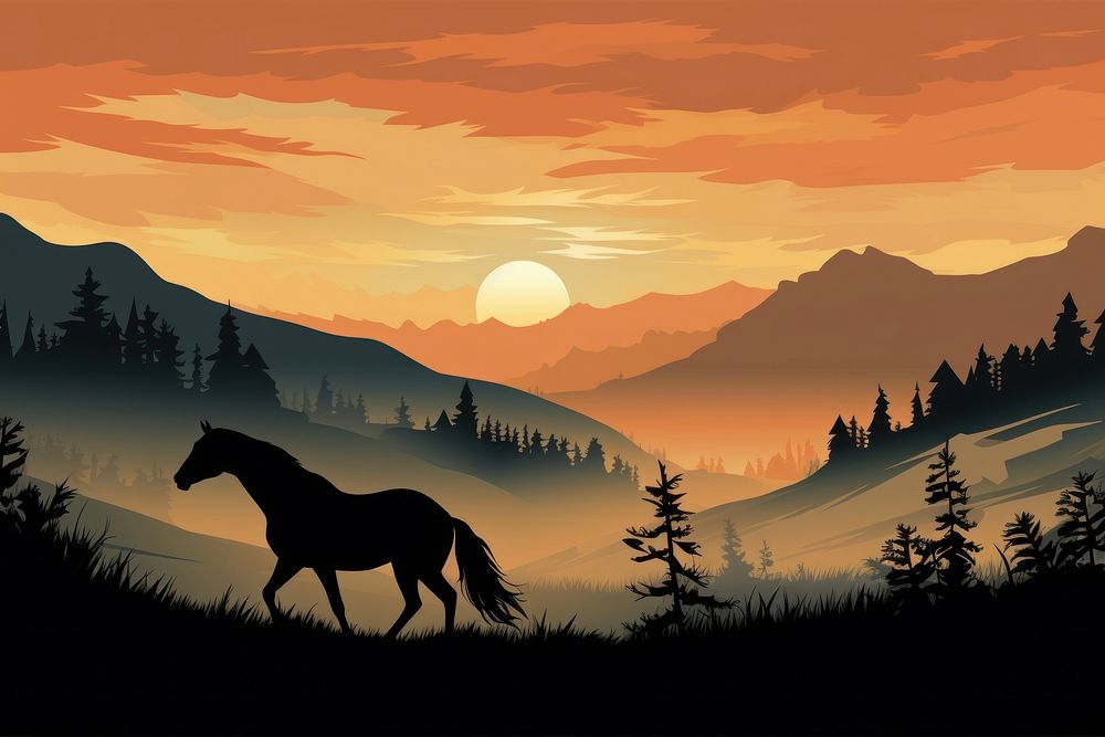 Stallions silhouette landscape mountain.