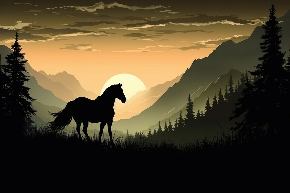 Stallions silhouette landscape mountain.