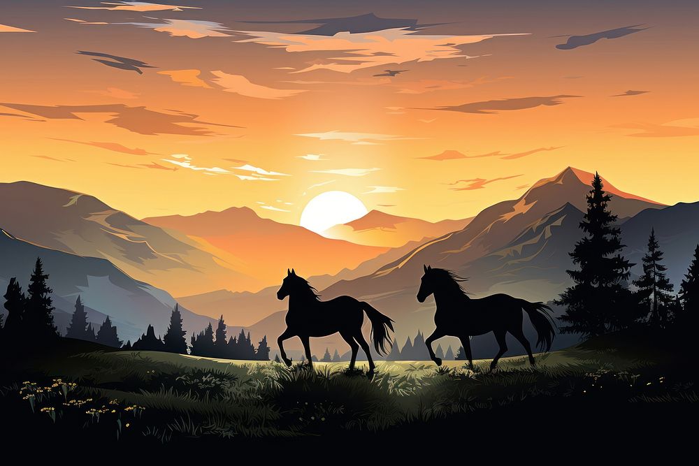 Silhouettes of stallions landscape mountain sunlight.