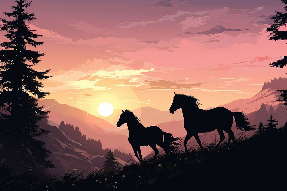 Silhouettes of stallions landscape mountain sunlight.