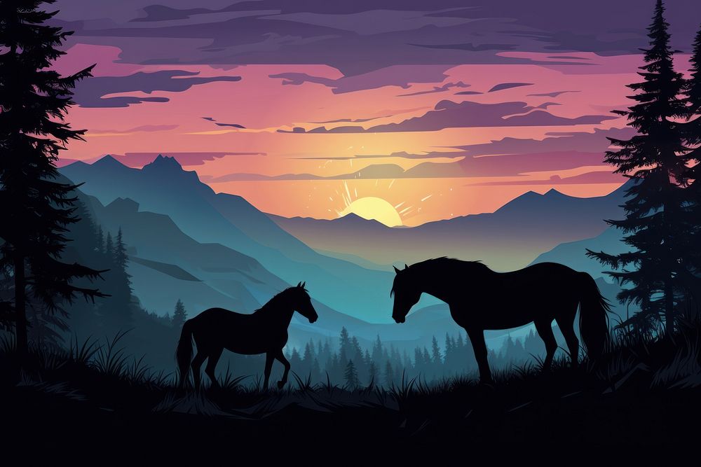 Silhouettes of stallions wilderness landscape mountain.