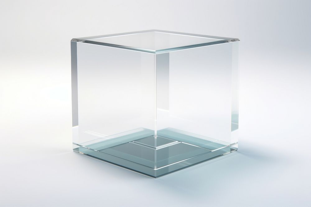 3d transparent glass style of cube furniture table white background.