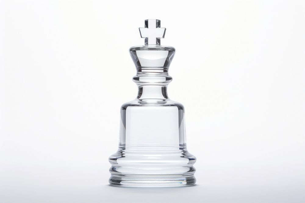 3d transparent glass style of king giant chess bottle white background chessboard.