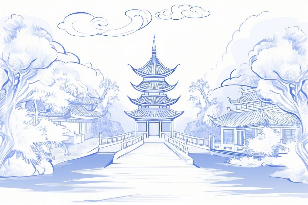 Chinese temple drawing sketch line.