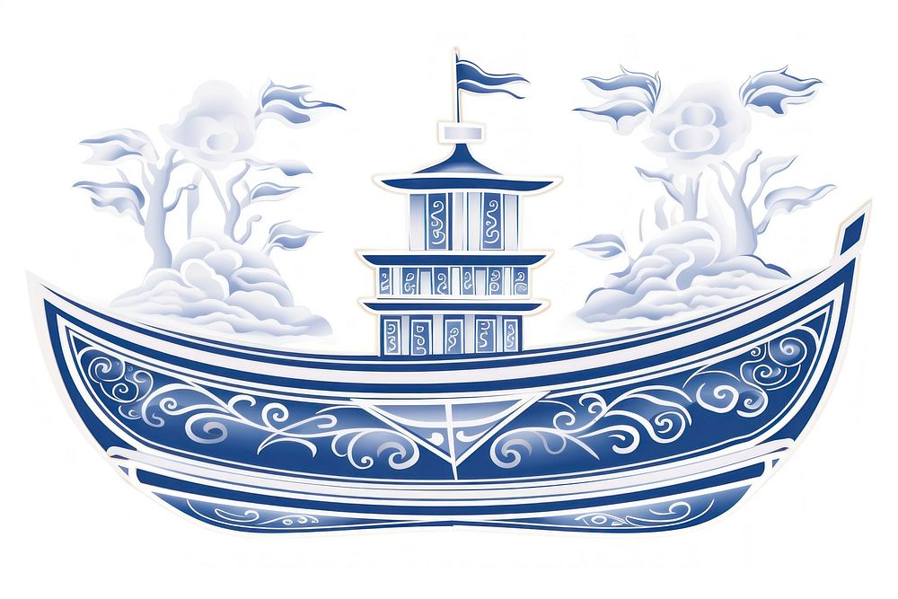 Chinese boat porcelain drawing sketch.