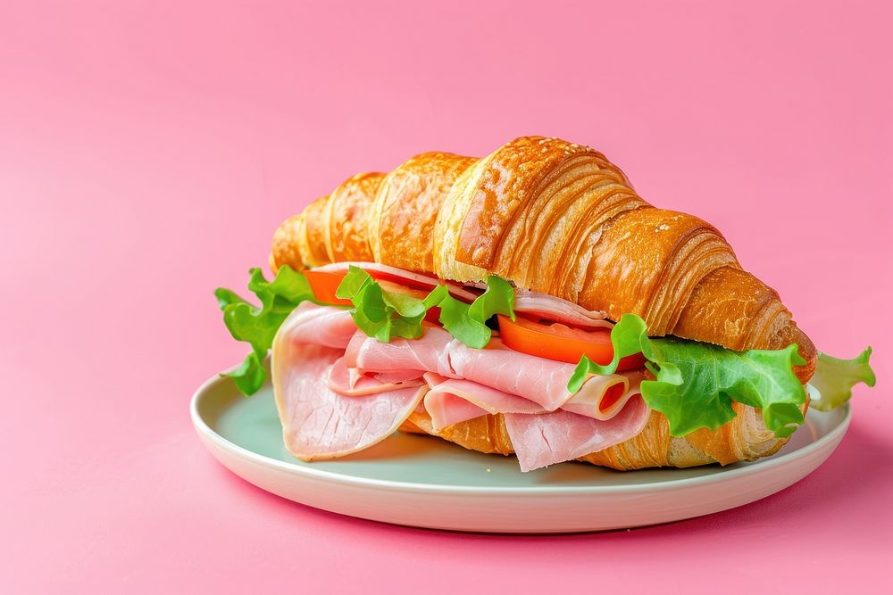 Croissant ham sandwich plate food meat.