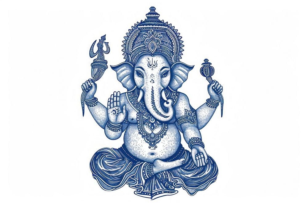 Antique of Ganesha drawing sketch blue.