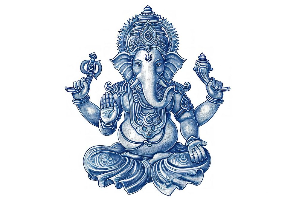 Antique of Ganesha drawing sketch blue.