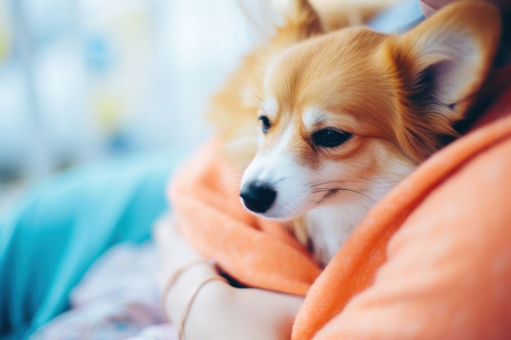 A corgi dog cuddle with a woman owner chihuahua blanket mammal. AI generated Image by rawpixel.