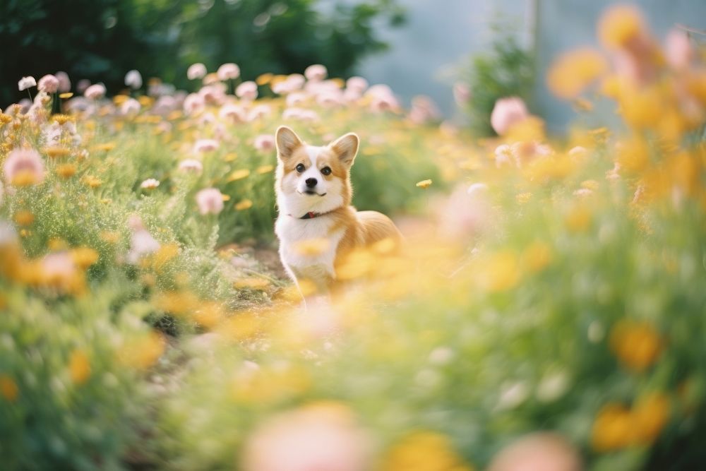 A corgi dog in a flower garden outdoors nature mammal. AI generated Image by rawpixel.