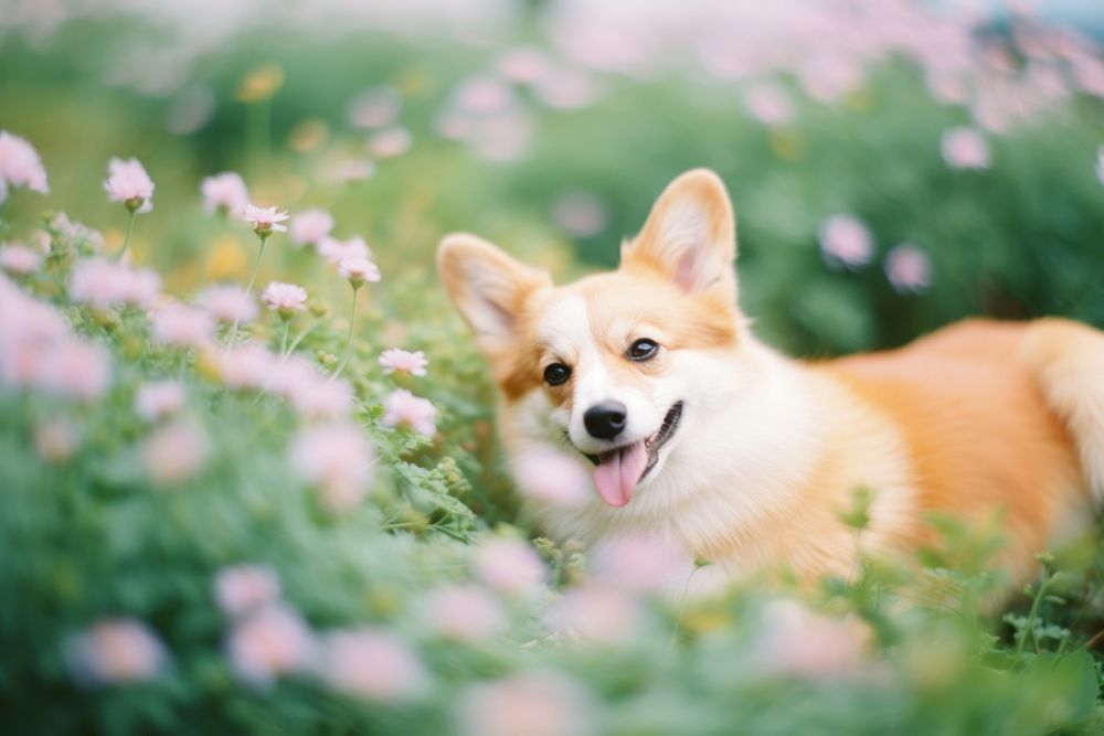 A corgi dog in a flower garden mammal animal puppy. AI generated Image by rawpixel.