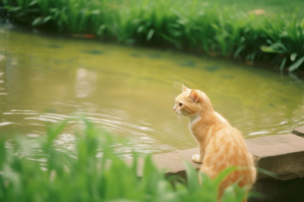 A cat look at the fish pond outdoors animal mammal. AI generated Image by rawpixel.