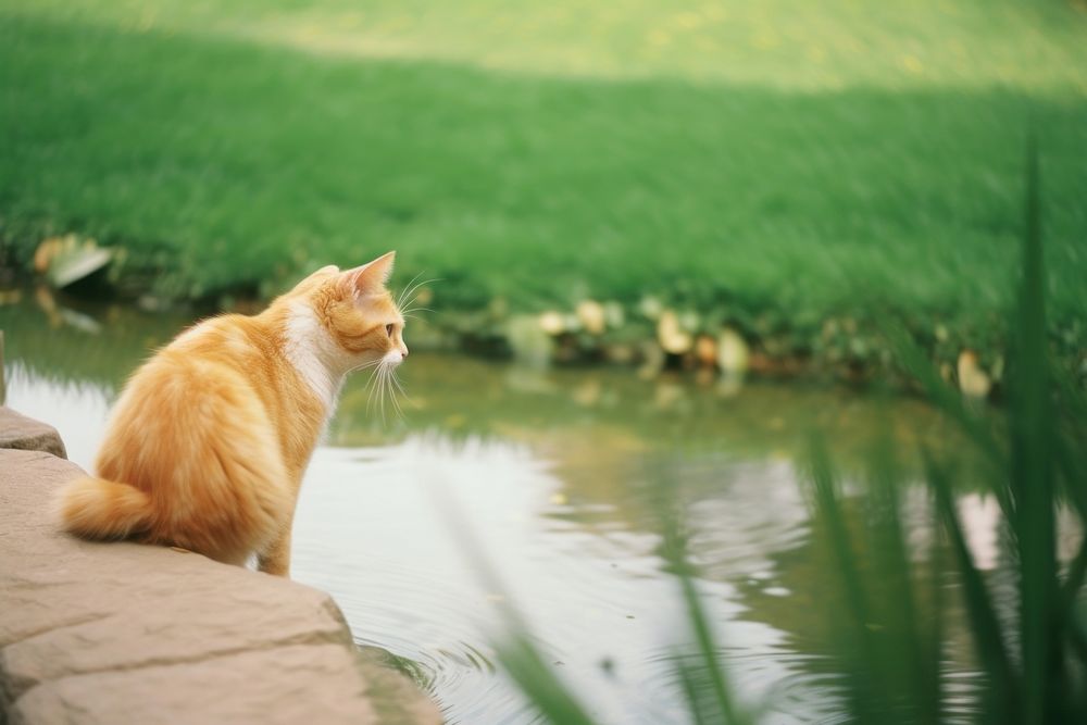 A cat look at the fish pond outdoors animal mammal. AI generated Image by rawpixel.