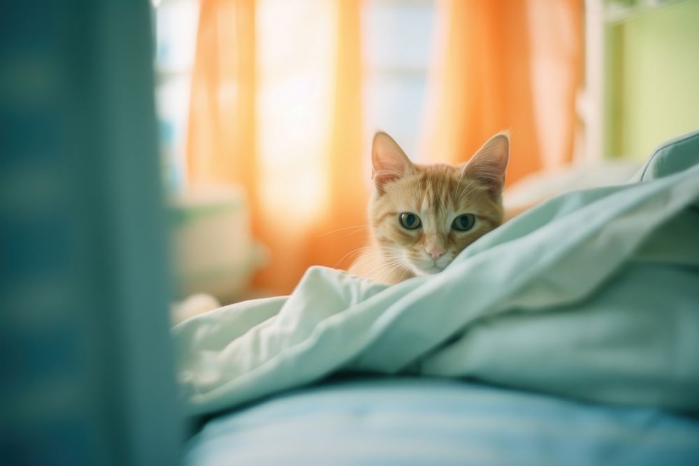 A cat sitting a bed blanket animal mammal. AI generated Image by rawpixel.