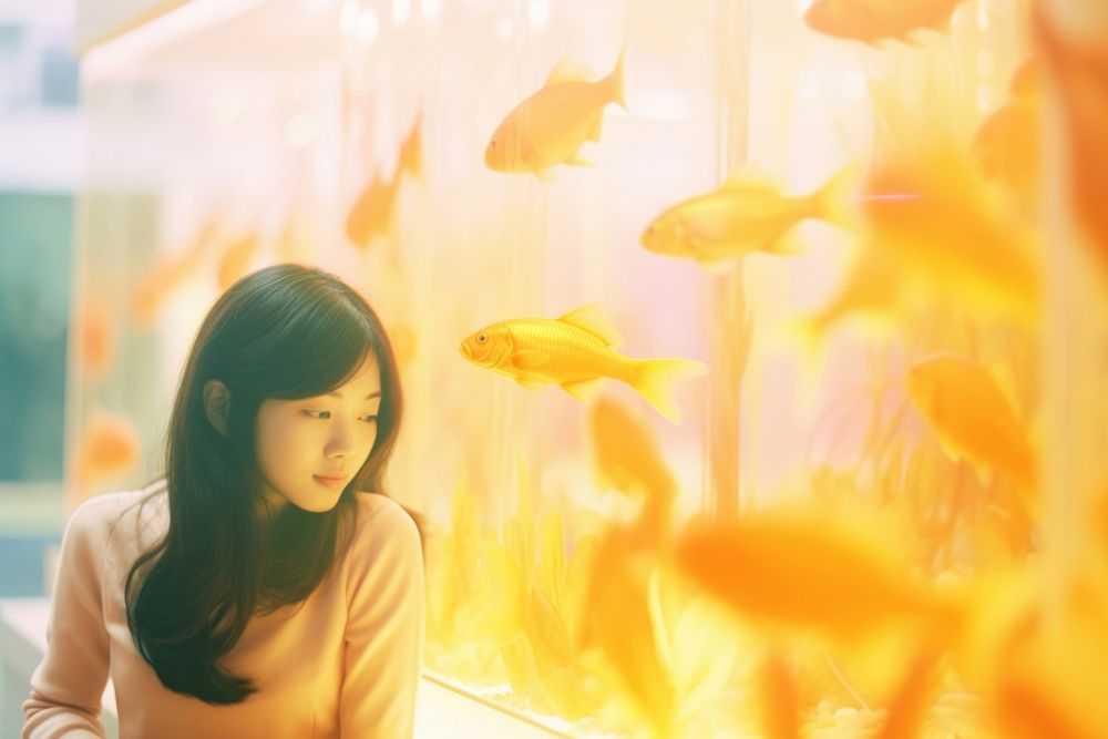 A asian woman looking in the gold fish tank animal contemplation transparent. AI generated Image by rawpixel.