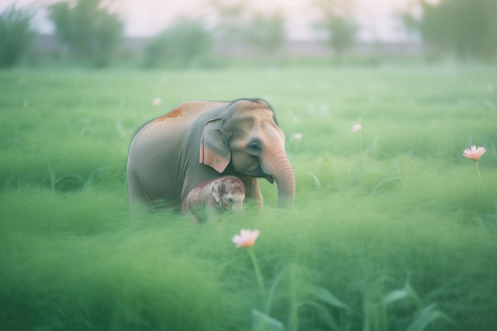 A baby elephant with its mum grassland wildlife outdoors. AI generated Image by rawpixel.