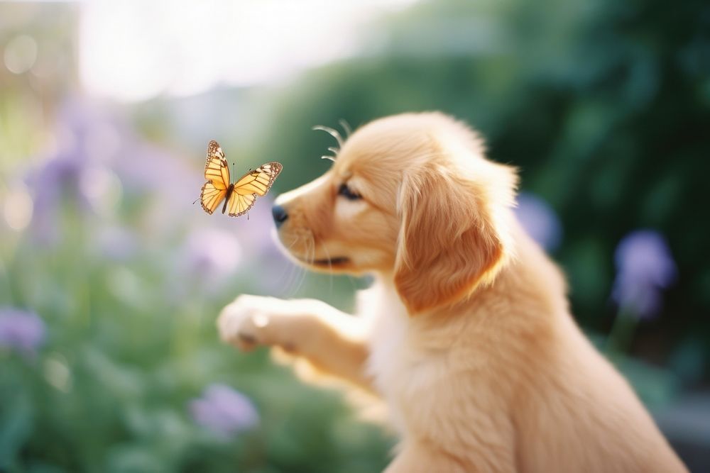 A golden retriever puppy with a butterfly on its nose animal mammal insect. AI generated Image by rawpixel.
