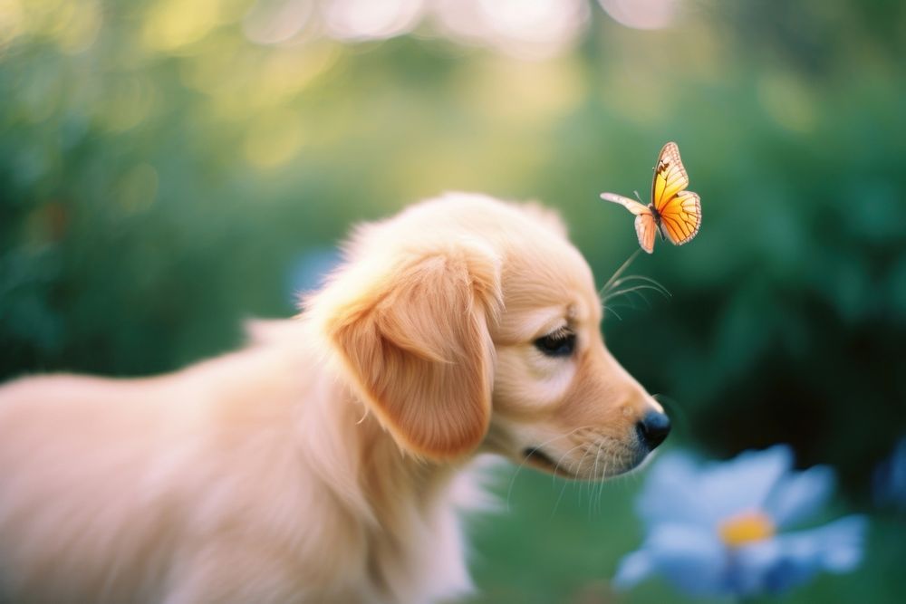 A golden retriever puppy with a butterfly on its nose animal mammal insect. AI generated Image by rawpixel.