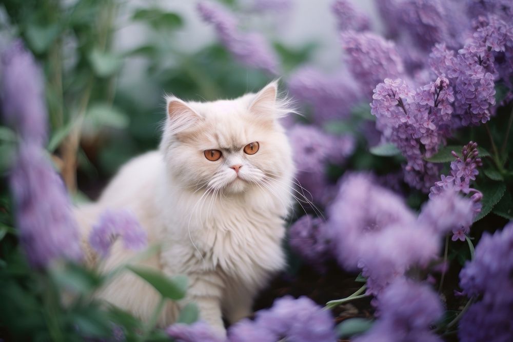 A persian cat in the flowers garden purple animal mammal.