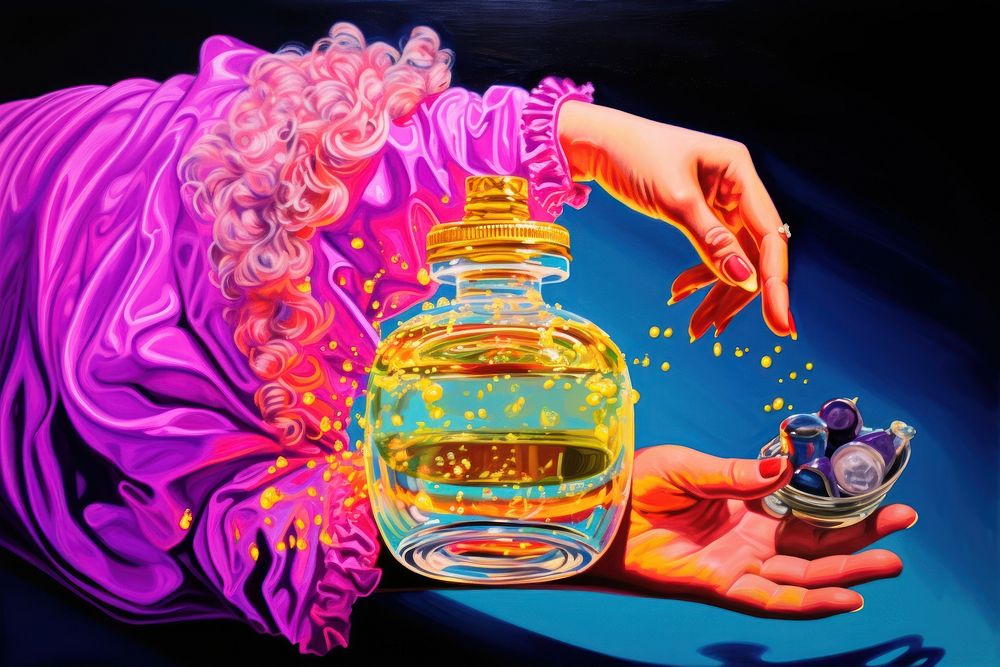 A woman carry perfume bottle purple adult creativity. 