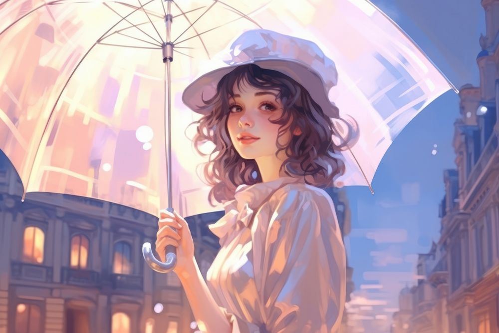 Girl with umbrella anime adult city.