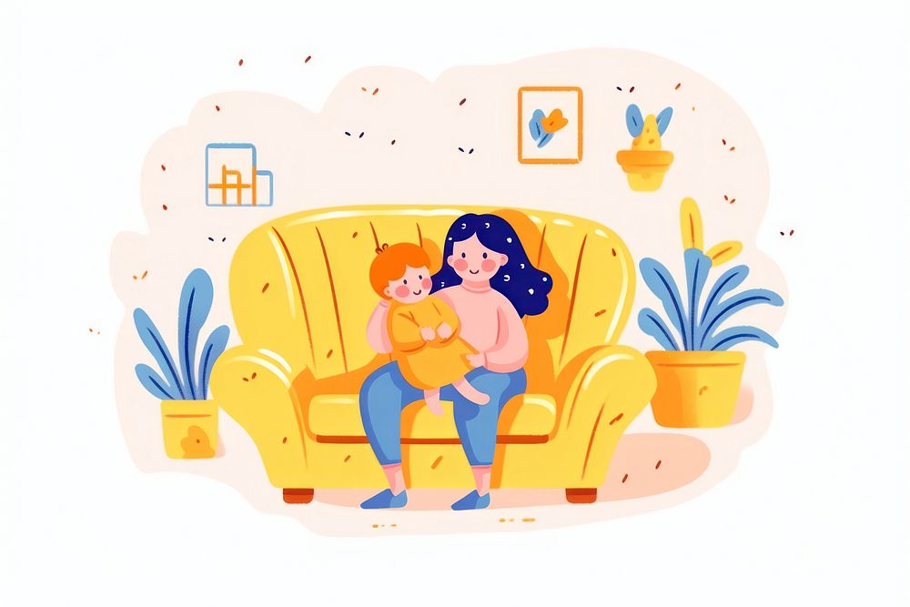 Doodle illustration mother hugging baby furniture sitting drawing.