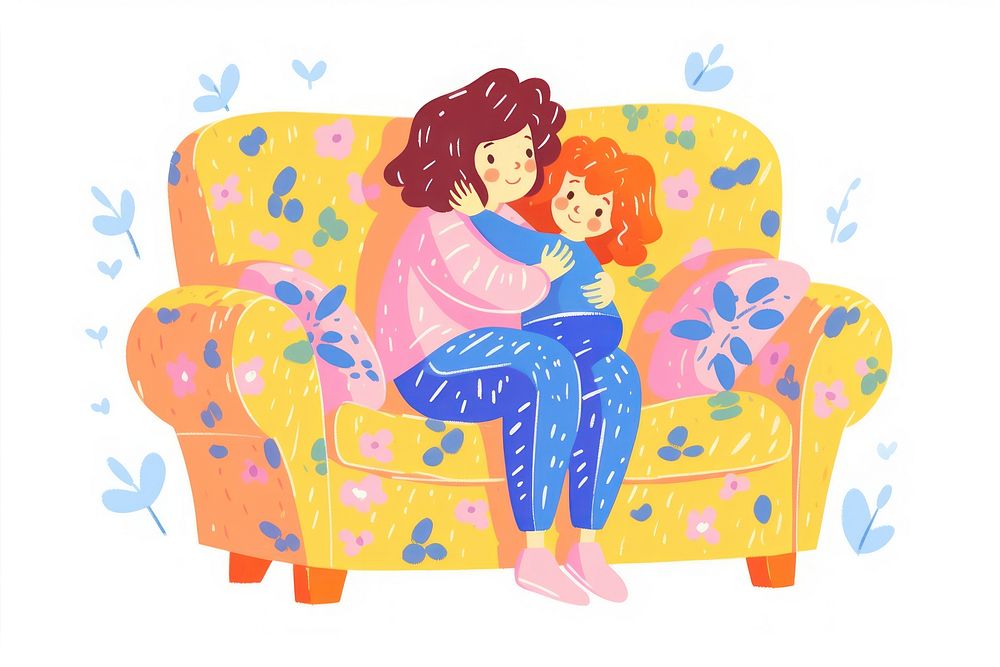Doodle illustration mother hugging baby furniture sitting cartoon.