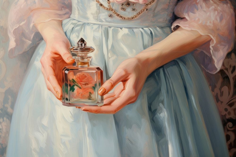 Hand with perfume bottle painting jewelry art.