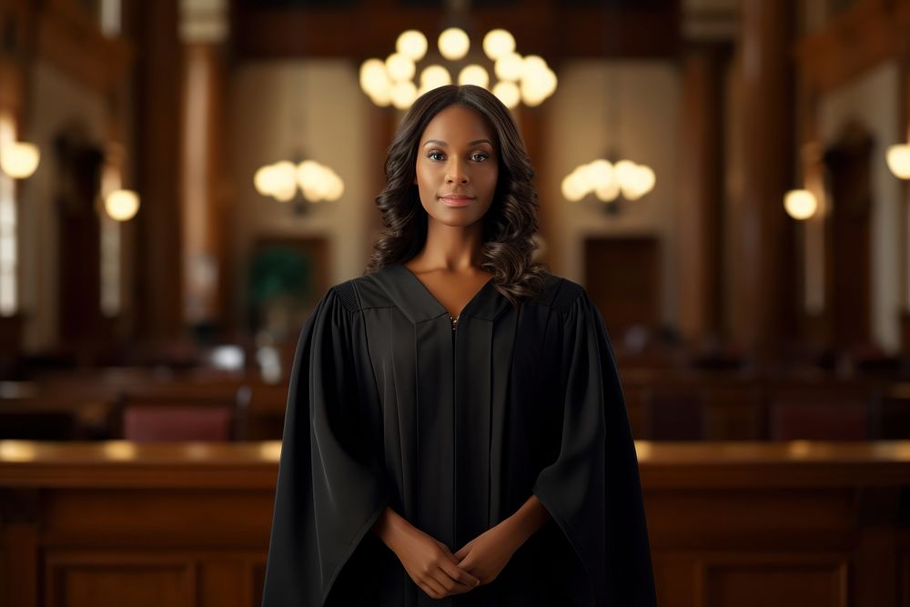 Black female judge courtroom adult contemplation.