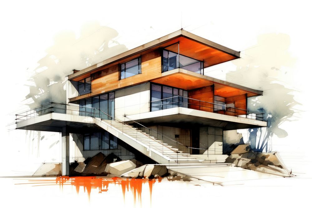 Modern architecture staircase building sketch.
