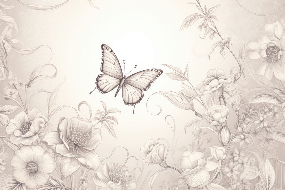 Butterfly on flower pattern drawing sketch.