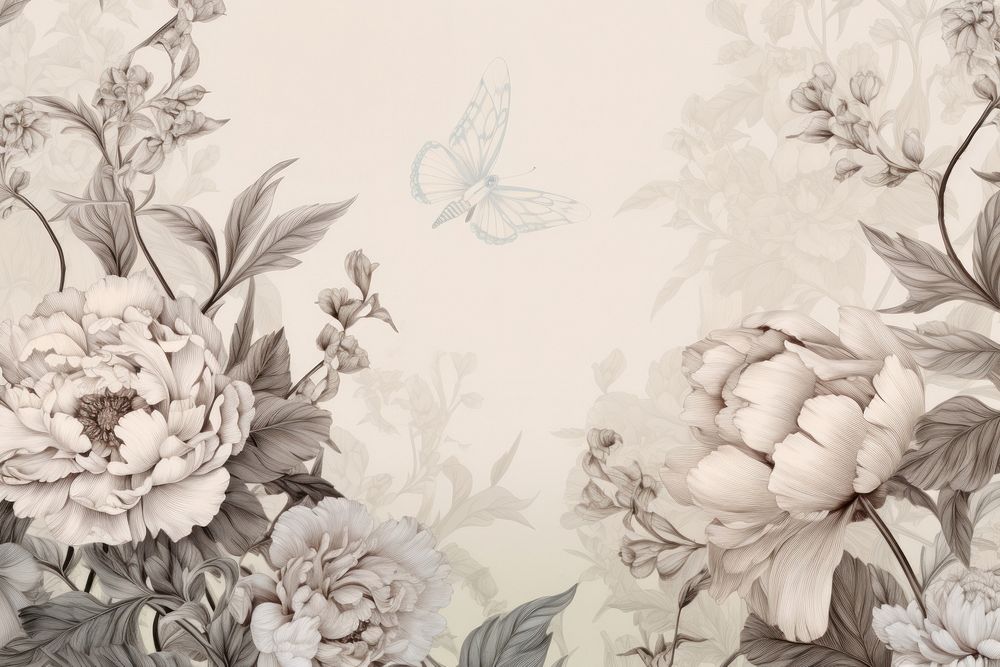 Peony with butterflies wallpaper pattern drawing.