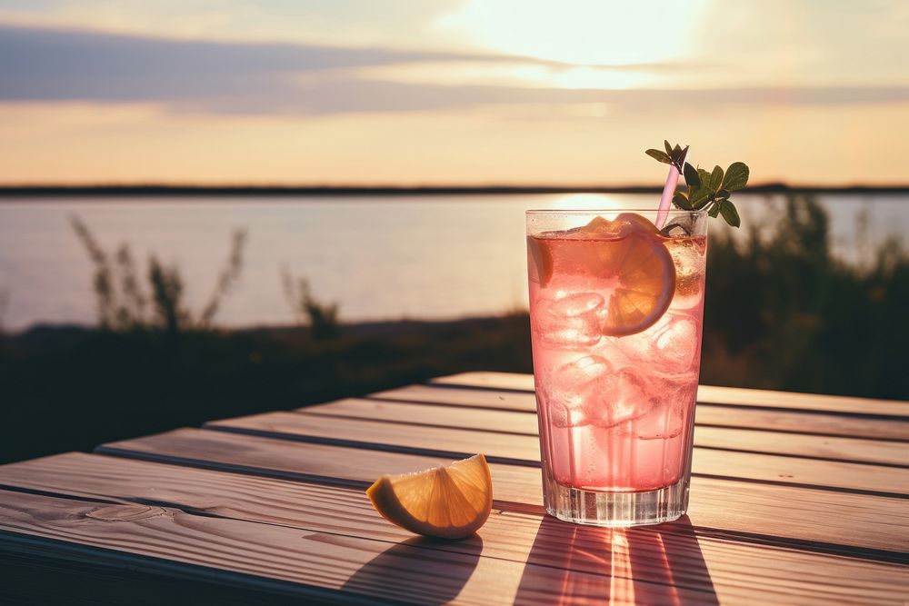 Lemonade and gin cocktail on a wooden table outdoors mojito nature. AI generated Image by rawpixel.